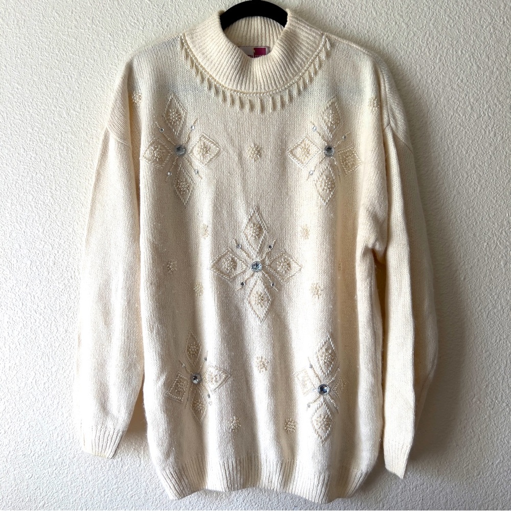 Sheridan Square Angora Rabbit hair silk wool blend rhinestone pearl sweater Sz L